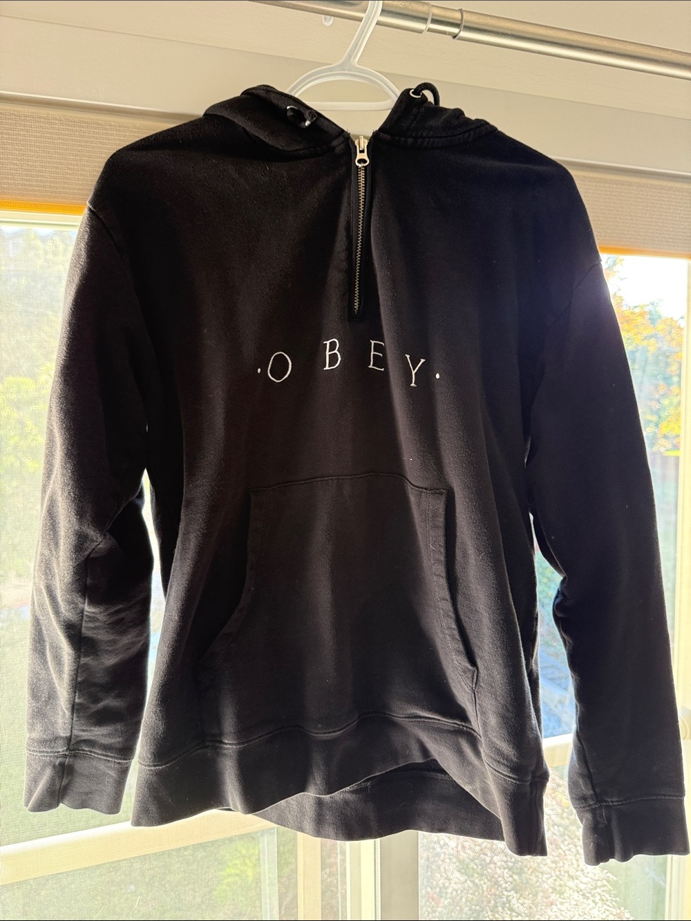 Obey Black Quarter Zip Vintage Pullover Hoodie with White Logo